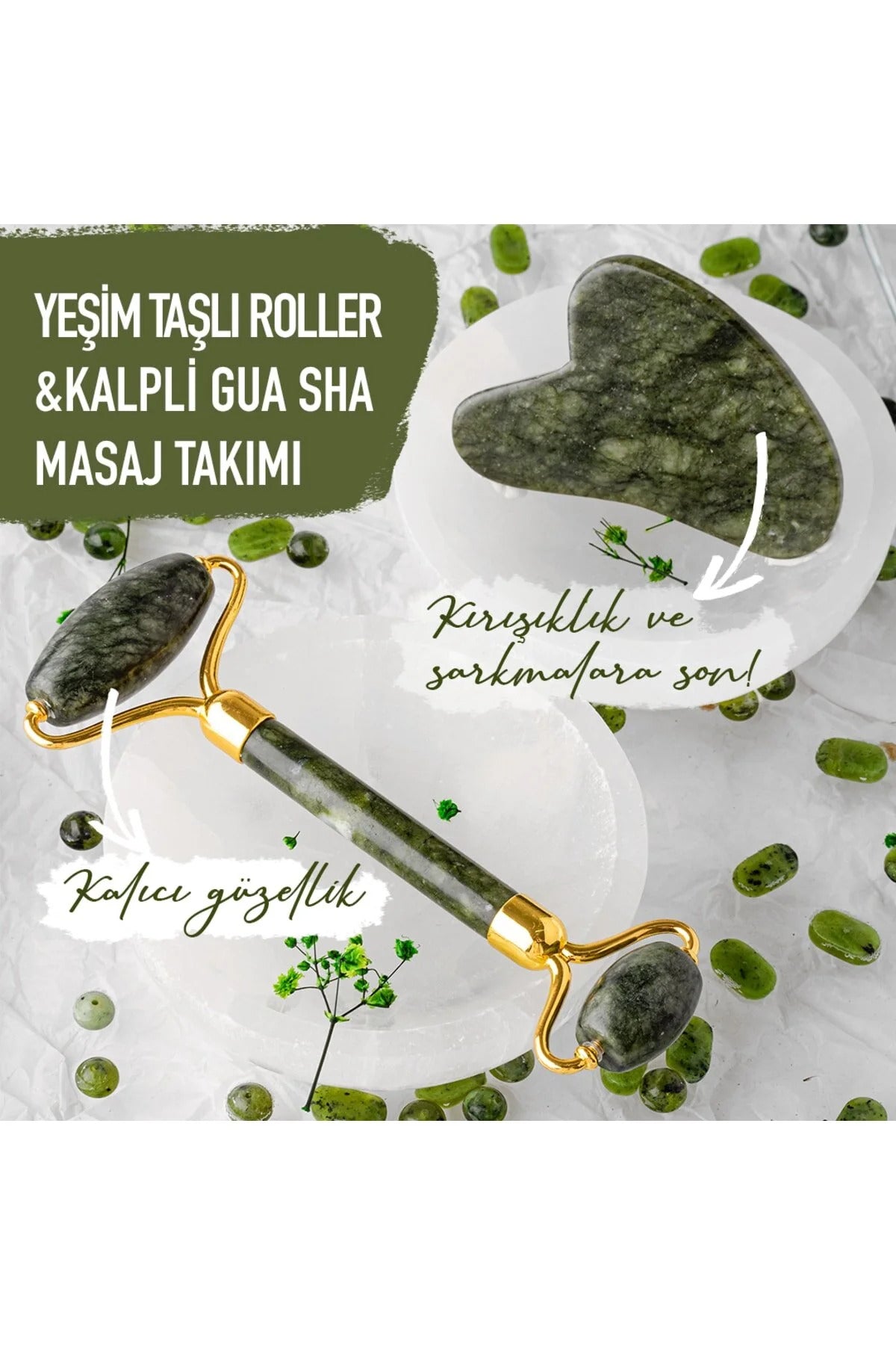 %100 Doğal Yeşim Taşı Jade Roller ve Gua Sha Masaj Seti - 2'li Cilt Bakım ve Yüz Masaj Aleti