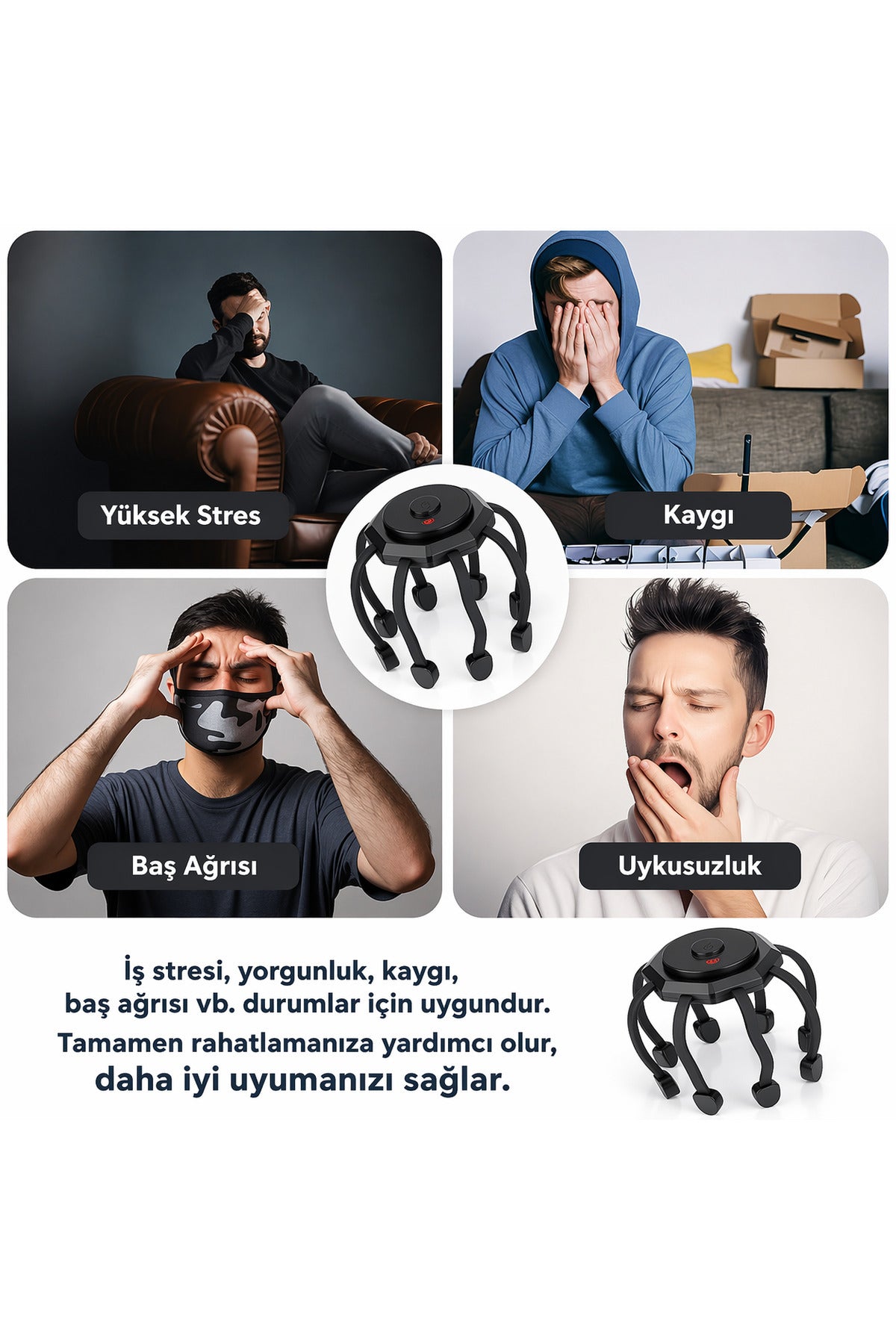 Şarjlı 8 Başlıklı Masaj Aleti Stres Baş Ağrısı Giderici BEYAZ 3 MOD Masaj Aleti