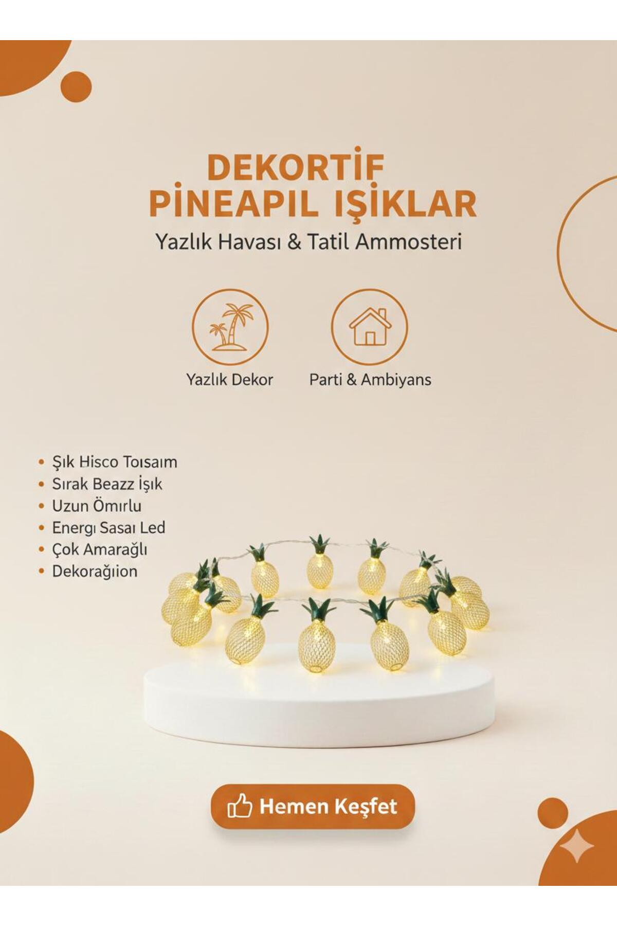 Dekoratif Ananas LED Işıklar – Sarı Işık, Yaz Dekoru, Parti ve Ambiyans Aydınlatması