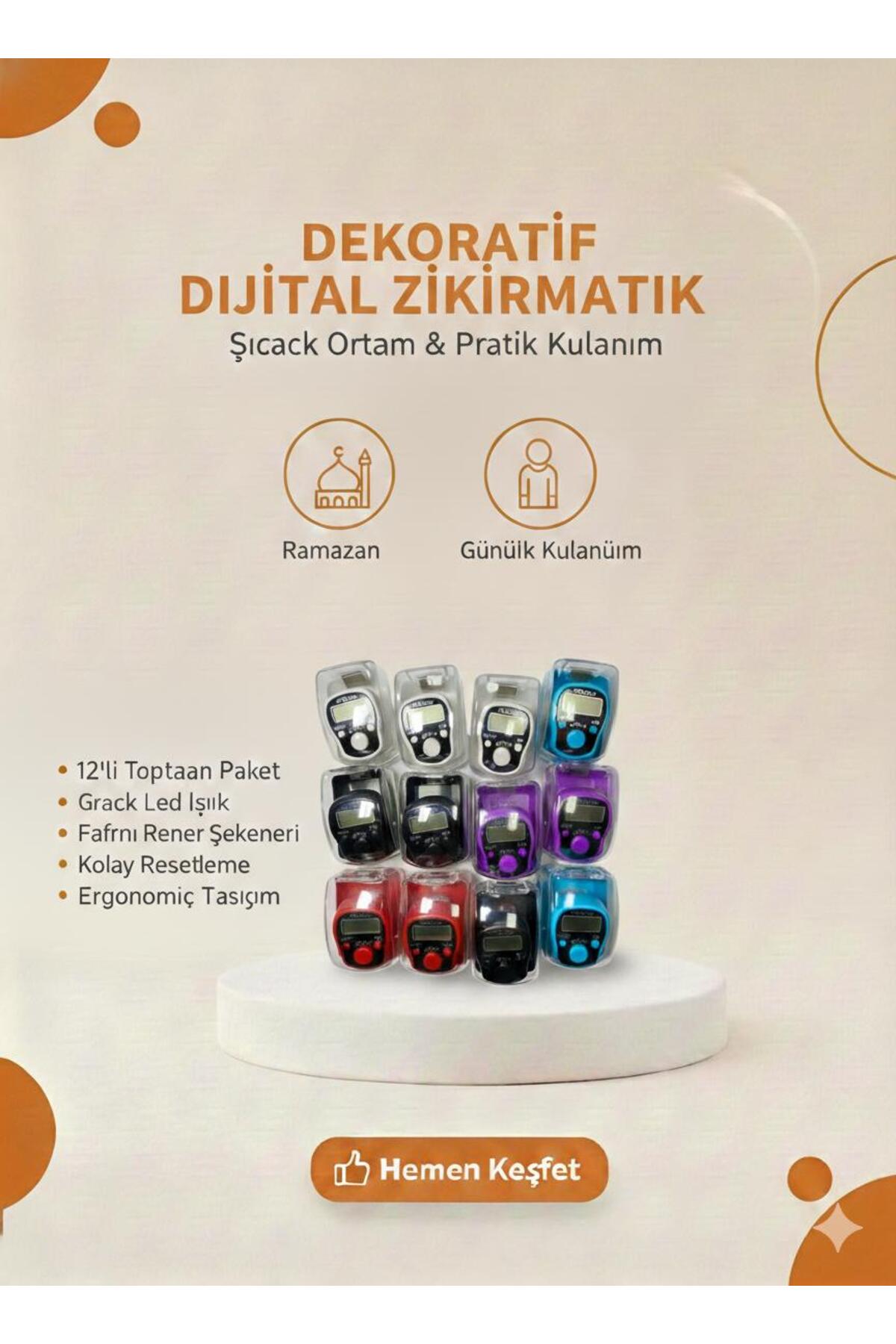 12’li Dijital Parmak Zikirmatik El Sayacı LCD Ekran Resetli Karışık Renk Set