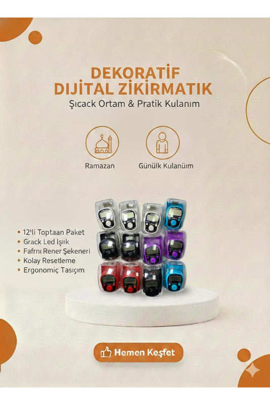 12’li Dijital Parmak Zikirmatik El Sayacı LCD Ekran Resetli Karışık Renk Set