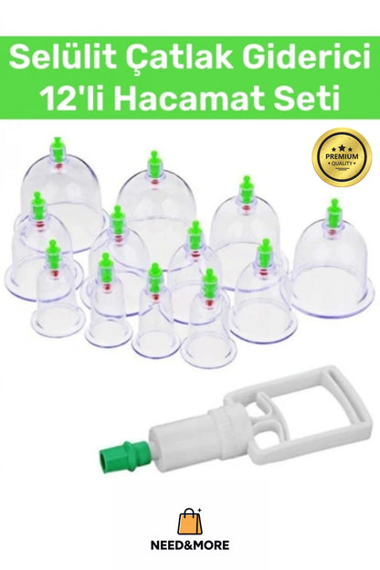 Deluxe Series Selülit Çatlak Giderici 12 Li Kupa Seti Vakumlu Masaj Aleti Hacamat Seti