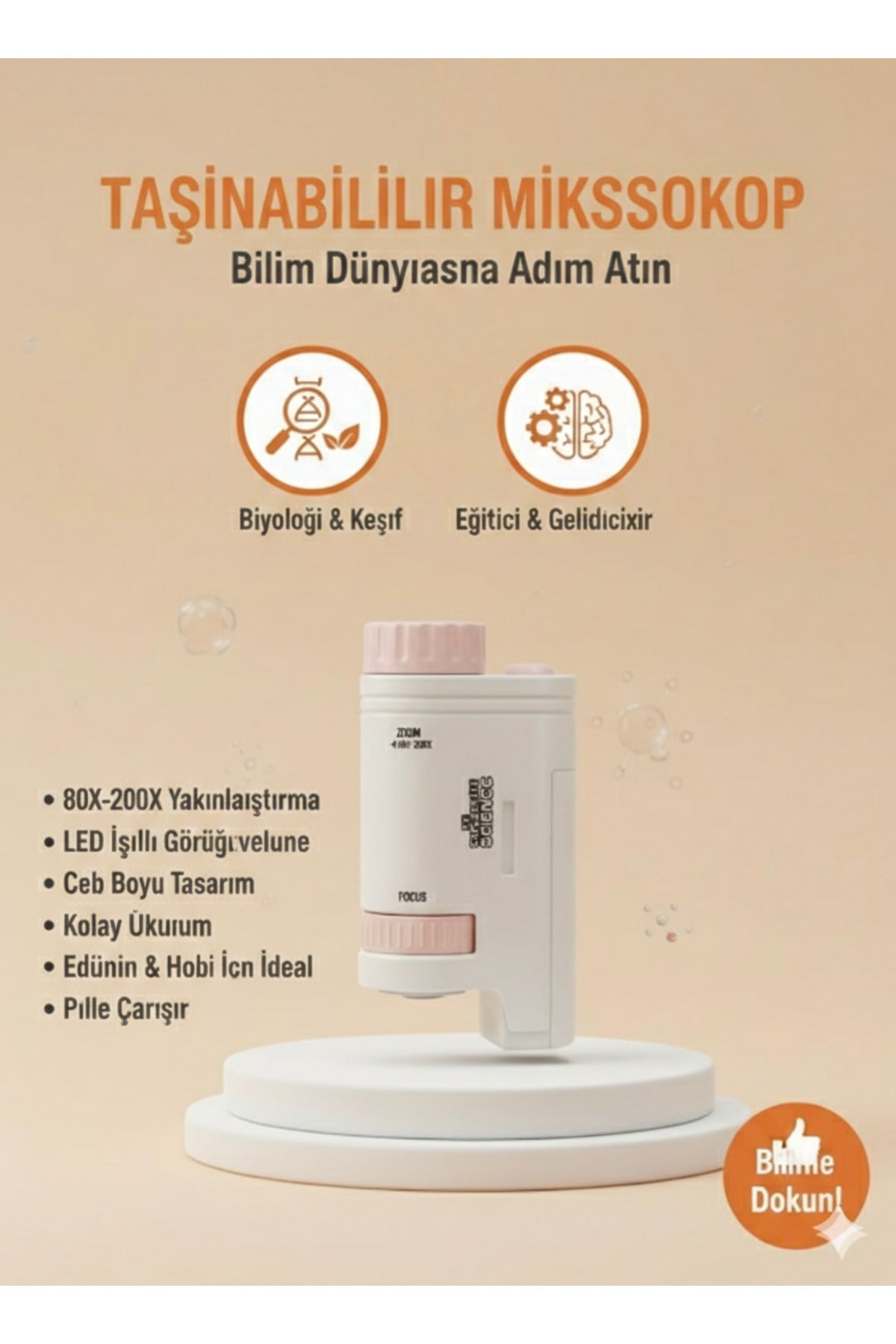 Taşınabilir El Mikroskobu 60X-120X Zoom LED Işıklı - Çocuklar İçin Eğitici Bilim Ve Keşif Seti Pembe
