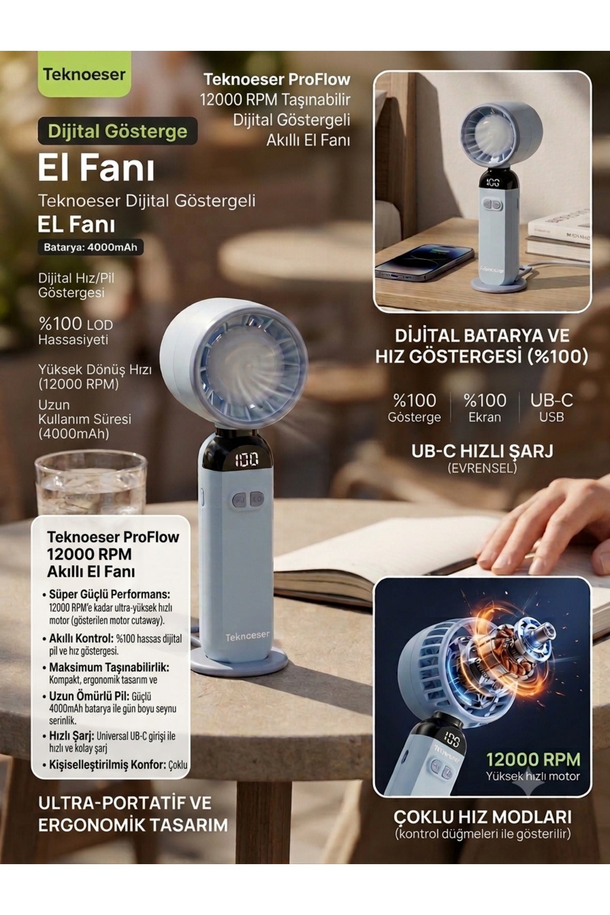 12000 RPM Dijital Göstergeli Taşınabilir El Fanı - 4000mAh