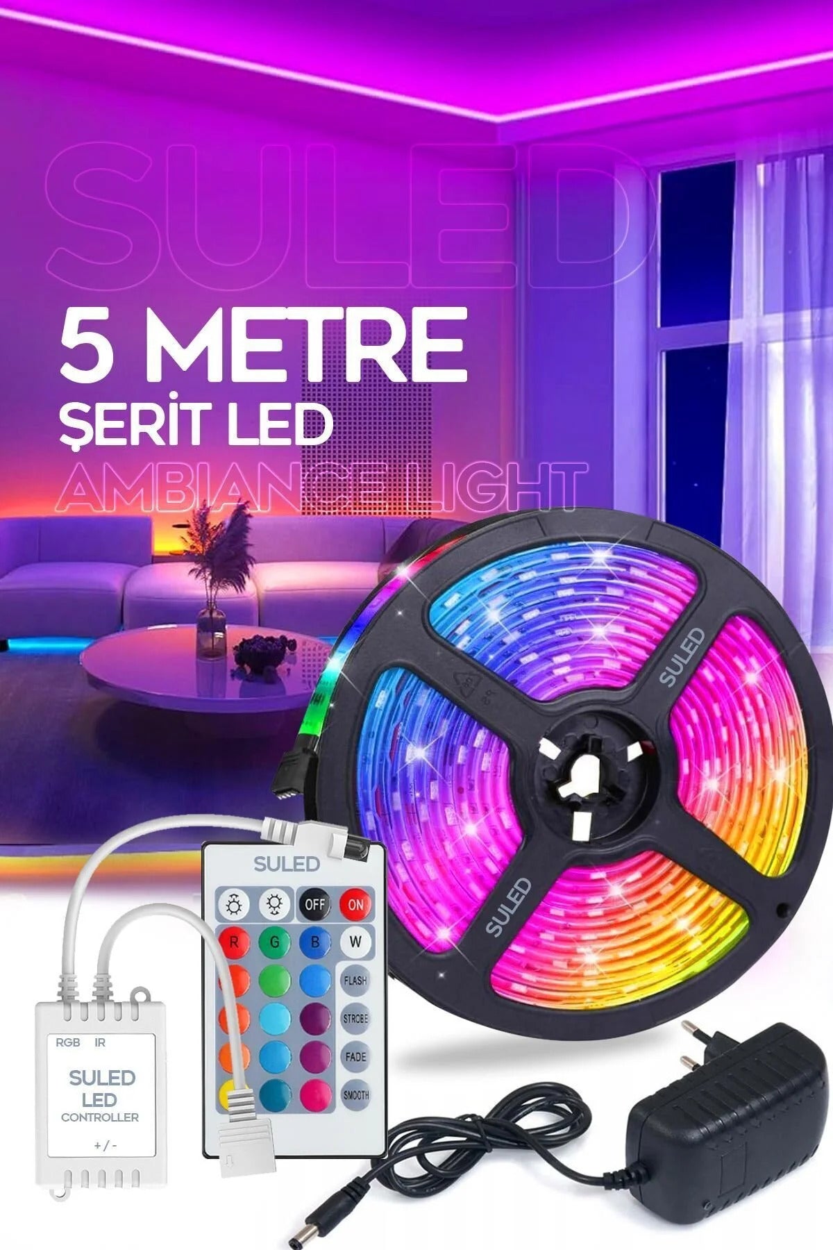 5 Metre RGB Şerit Led Aydınlatma Seti - Tak Çalıştır Ambiance Light - Uzaktan Kumandalı ve Adaptörlü