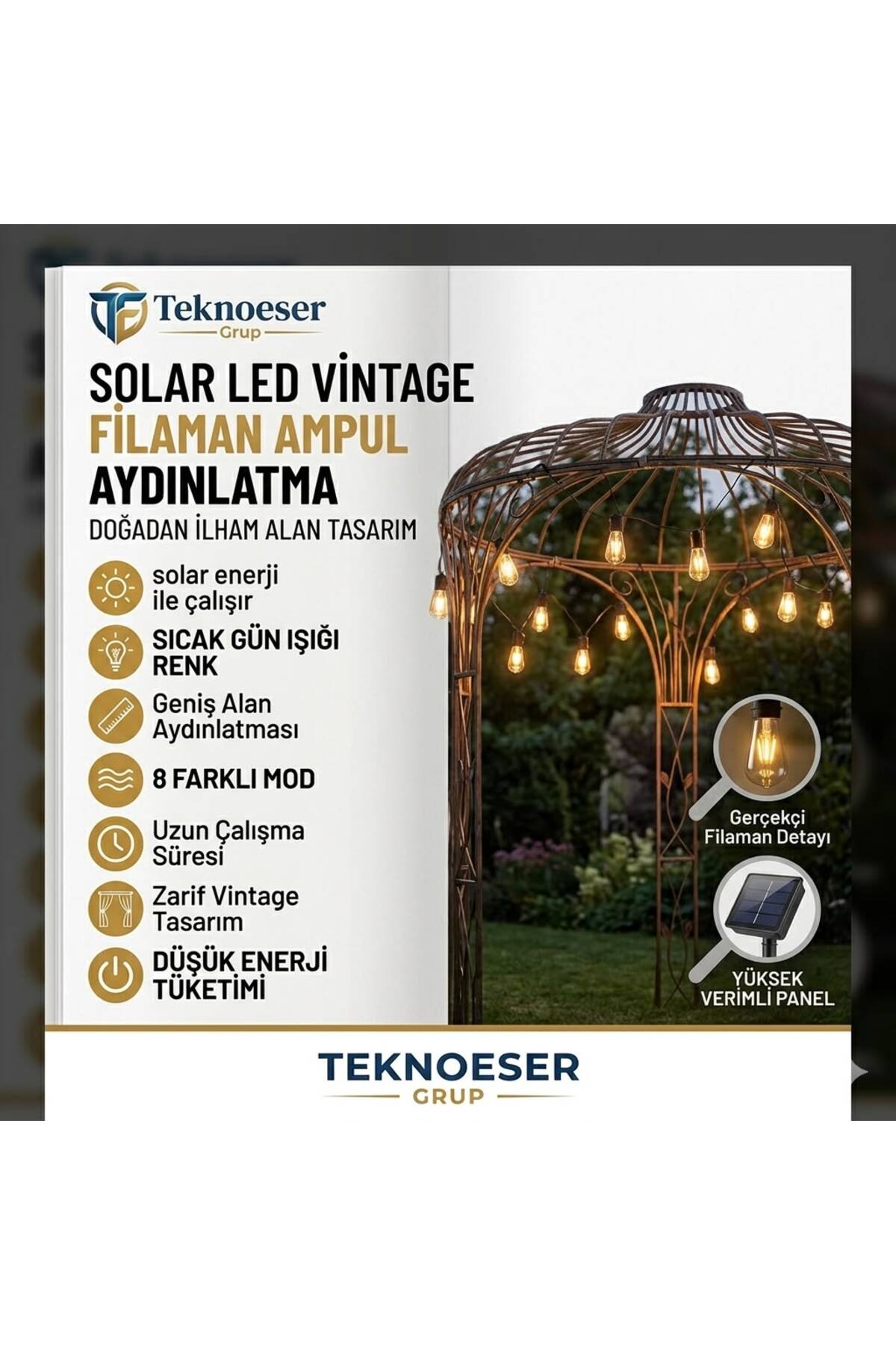 10lu Solar Gunes Enerjili Vintage Filaman Ampul Isik Zinciri Bahce Balkon 8 Modlu Dis Mekan
