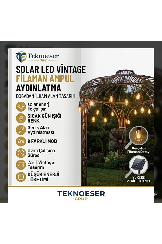 10lu Solar Gunes Enerjili Vintage Filaman Ampul Isik Zinciri Bahce Balkon 8 Modlu Dis Mekan