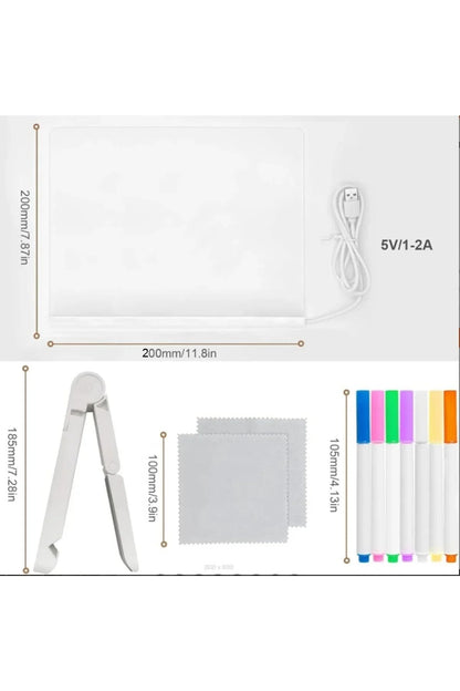 Yazı Çizim Tahtası Neon Led Işıklı 20x20 cm 7 Kalem ve Stant Hediyeli Işıklı Eğitici Resim Tahtası