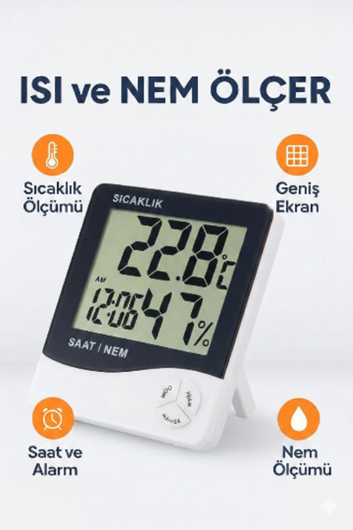 Dijital Isı ve Nem Ölçer Büyük LCD Ekranlı Termometre Higrometre Saat Alarm Takvim Oda Termometresi