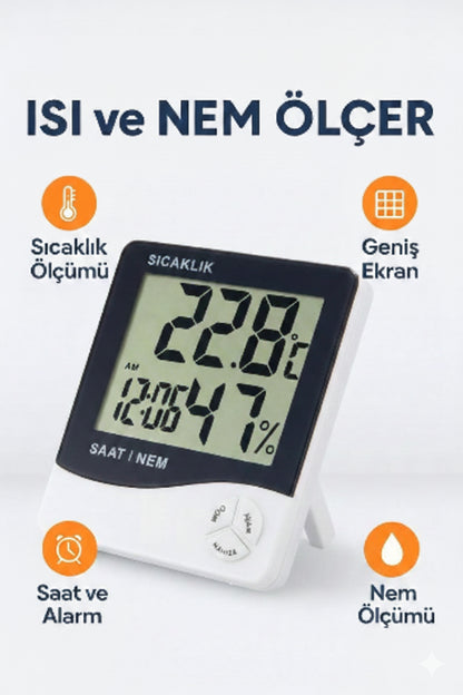 Dijital Isı ve Nem Ölçer Büyük LCD Ekranlı Termometre Higrometre Saat Alarm Takvim Oda Termometresi