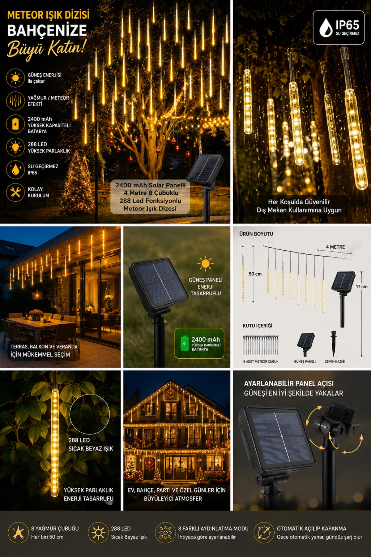 Solar Meteor Yağmur Işık Dizisi 288 LED 8 Çubuklu 4 Metre IP65 Su Geçirmez Bahçe Balkon Dış Mekan Süsleme Işığı