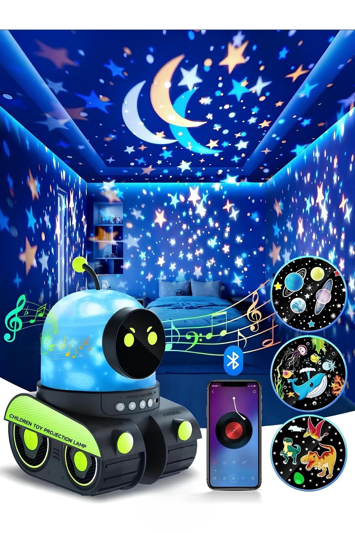 ÇOCUKLAR İÇİN EĞİTİCİ VE EĞLENCELİ ROBOT TEMALİ PROJEKTÖR GECE LAMBASI 12 FİLMLİ