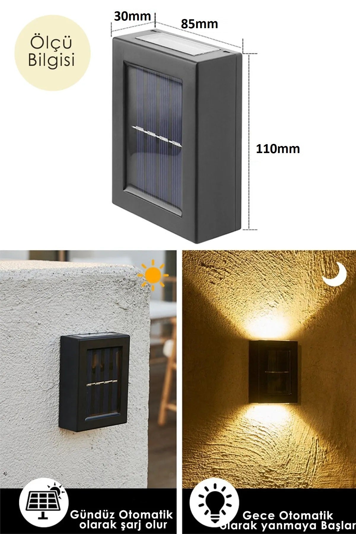 Ledli Solar Çift Taraflı Duvar Lambası Güneş Enerjili Aydınlatma Dekorasyon Aplik Işık