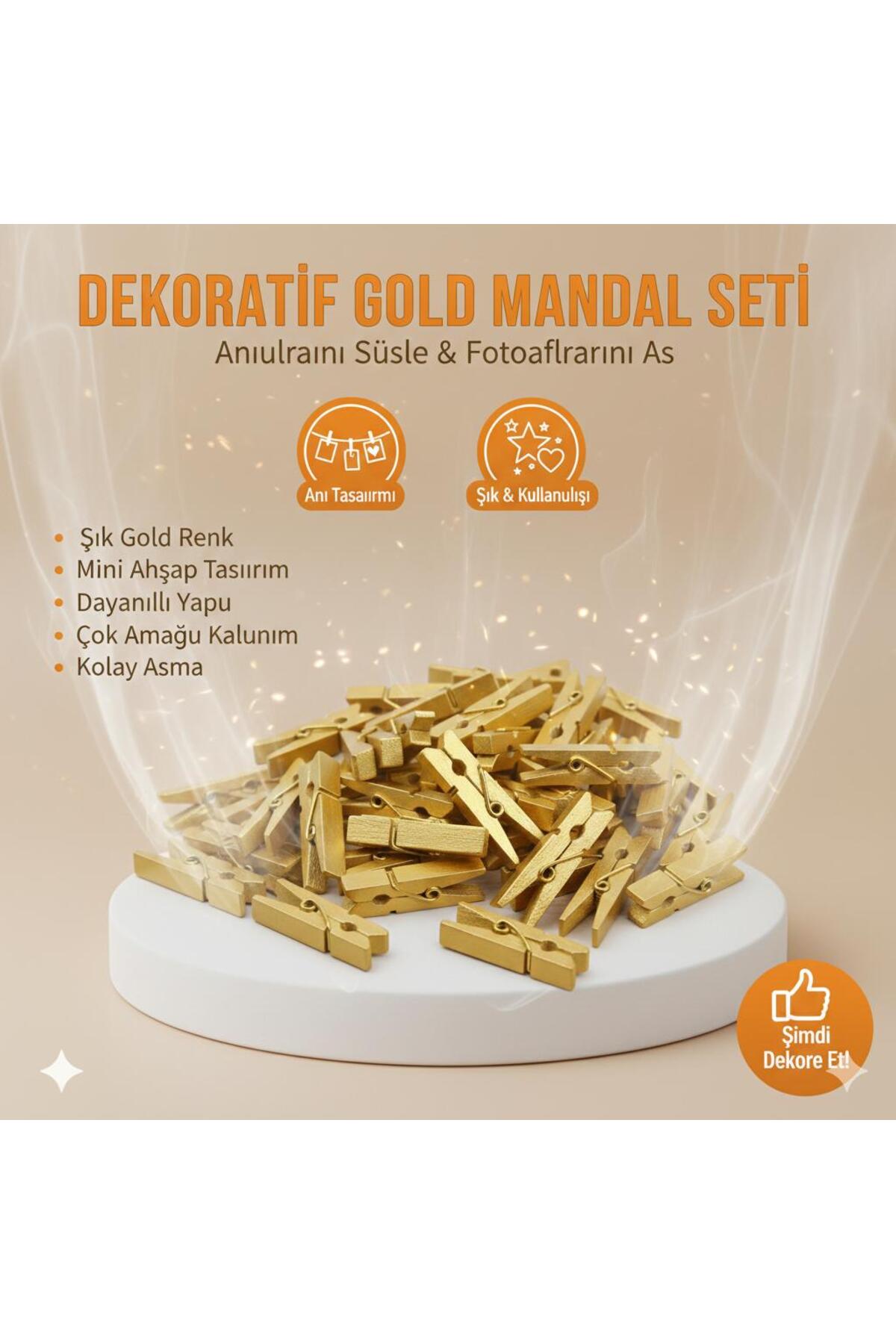 Dekoratif Gold Mandal Seti 100’lü – Mini Ahşap Fotoğraf Mandalı, Şık ve Dayanıklı Asma Klipsi