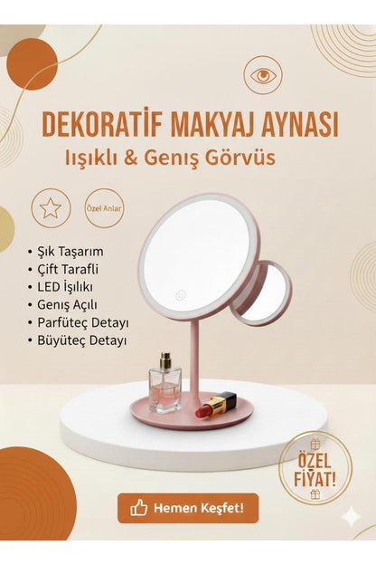LED Işıklı Çift Taraflı Makyaj Aynası | Büyüteçli, Geniş Açılı, Masa Üstü Dekoratif Ayna
