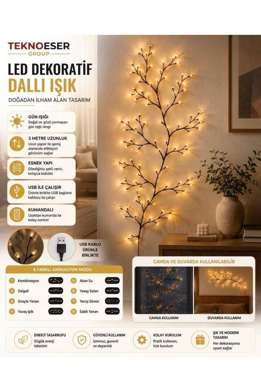 3 Metre Kumandalı Gün Işığı Dallı Led Işık 8 Modlu Yapay Sarmaşık Cam ve Duvar Süsleme USBli Dekoratif Aydınlatma