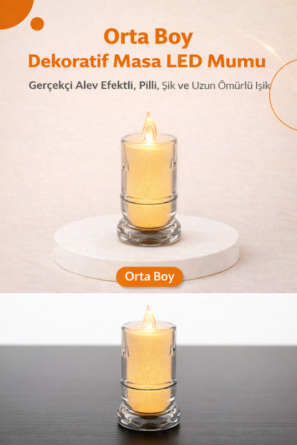 Orta Boy Dekoratif Masa LED Mumu – Gerçekçi Alev Efektli, Pilli, Şık ve Uzun Ömürlü Işık