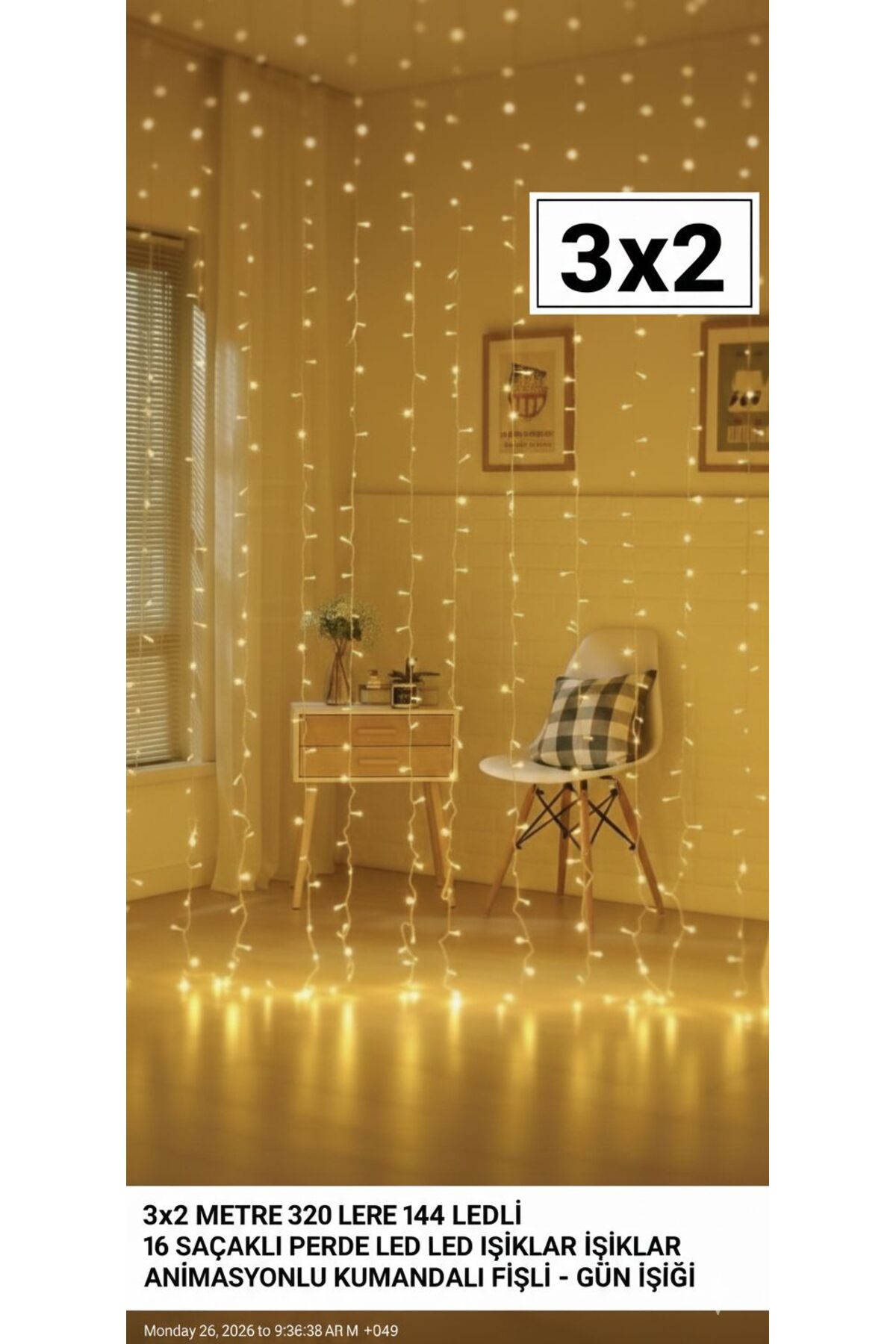 Fişli 3×2 Metre Perde LED Işık – Kumandalı Gün Işığı Aydınlatma