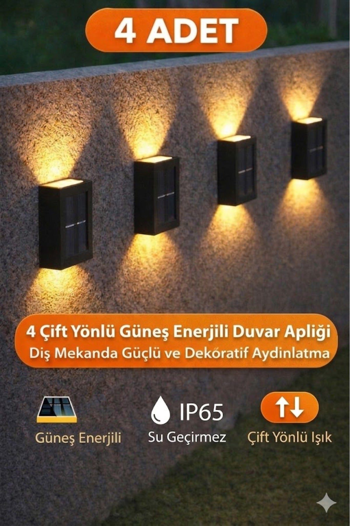 4 Adet Solar Çift Taraflı Duvar Lambası Güneş Enerjili Aydınlatma Dekorasyon Aplik Işık Dış Mekan