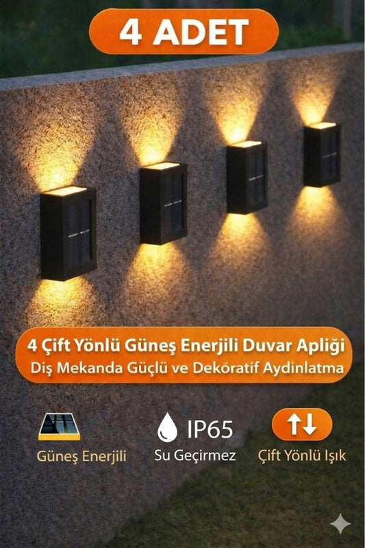 4 Adet Solar Çift Taraflı Duvar Lambası Güneş Enerjili Aydınlatma Dekorasyon Aplik Işık Dış Mekan