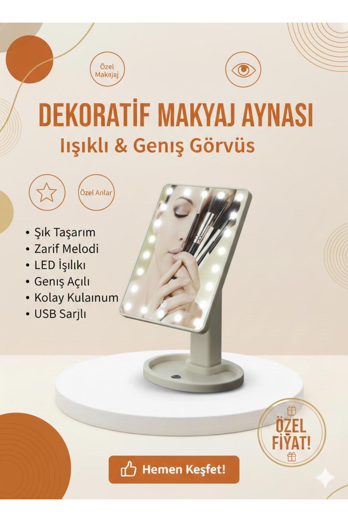 LED Işıklı Dekoratif Makyaj Aynası | Geniş Açılı, USB Şarjlı, Şık Tasarım