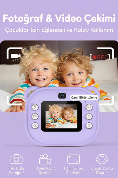 Anında Baskılı Çocuk Kamerası HD Ekranlı Termal Etiket ve Fotoğraf Baskı
