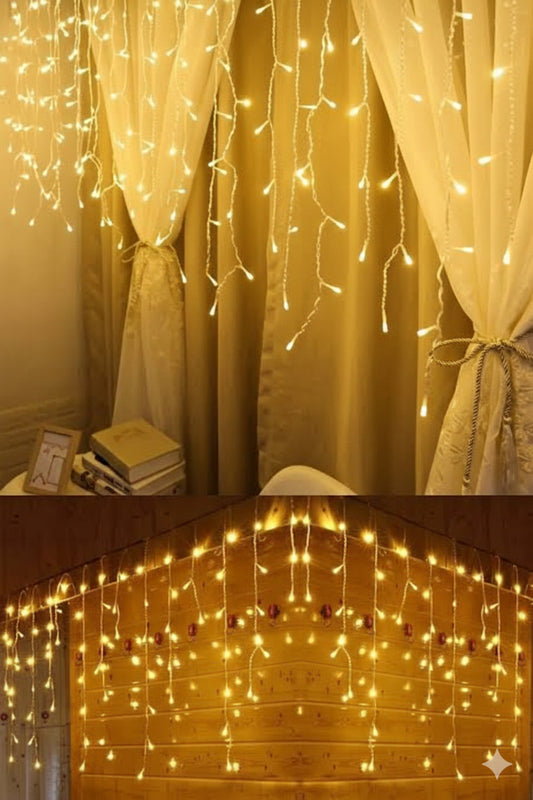4 Metre Sarı Işık 12 Saçaklı Perde LED 96 LED 8 Kademe Dekoratif Aydınlatma Organizasyon Süsleme