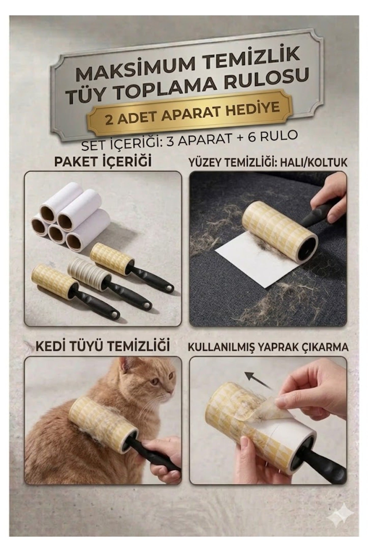 Maksimum Temizlik Tüy Toplama Rulosu Seti (3 Aparat + 6 Yedek Rulo) - 2 Adet Aparat Hediye