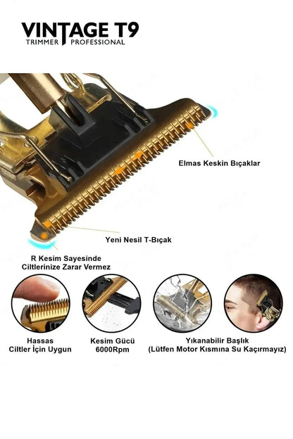 T9 Trimmer Vintage Profesyonel Şarjlı Saç Sakal Vücut Tıraş Makinesi