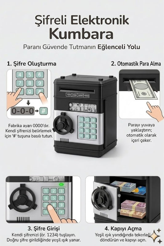Siyah Şifreli Elektronik Kumbara Çocuklar İçin | ATM Kart Girişli Otomatik Para Yutan Para Kasası