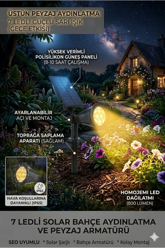 7 LEDli Solar Bahce Aydinlatma Armaturü Gun Isigi Peyzaj Lambasi IP65 Su Gecirmez Gunes Enerjili