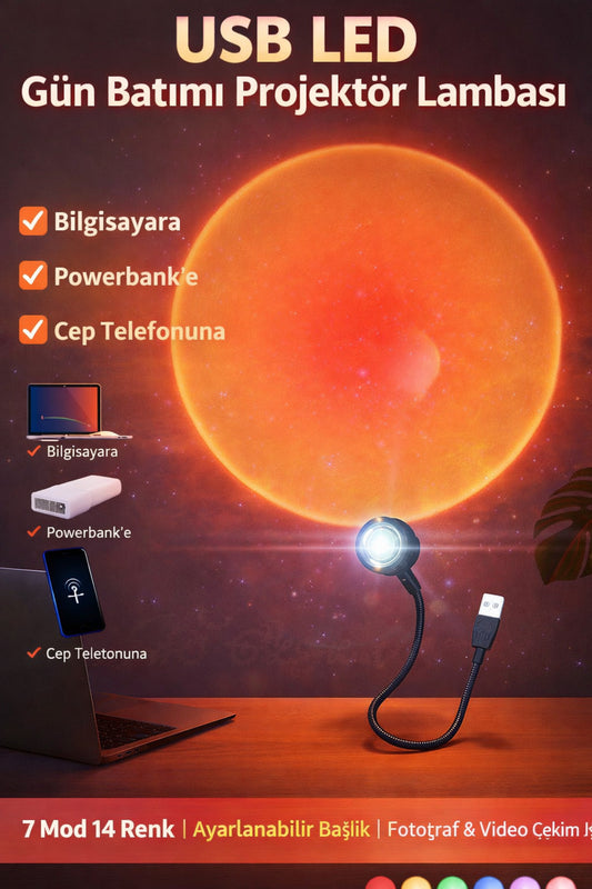 USB LED Gün Batımı Projektör Lambası | 7 Mod 14 Renk Ayarlanabilir Ambiyans Işığı