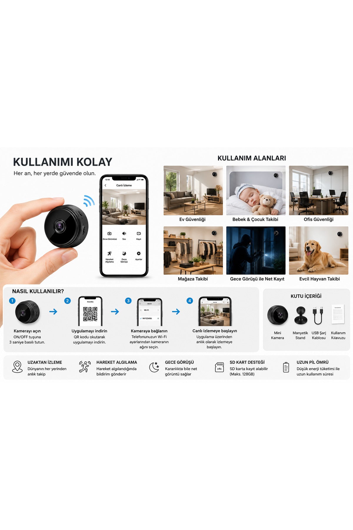 Full HD Uzaktan İzleme Mini Kamera WiFi Gece Görüşlü Hareket Algılamalı Gizli Güvenlik Kamerası