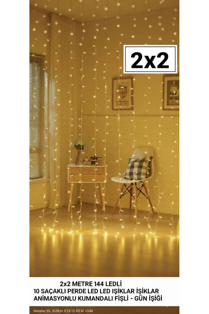 2×2 Metre Perde LED Işık – Gün Işığı Tonu, Fişli Dekoratif LED Aydınlatma