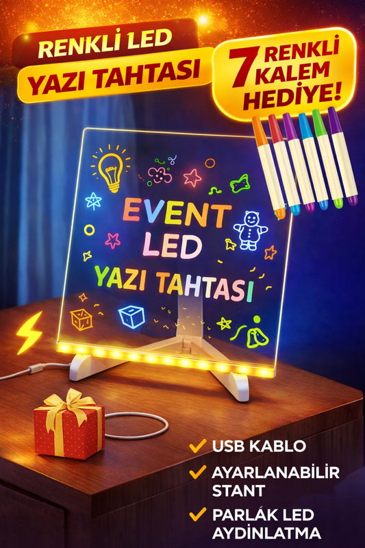 Yazı Çizim Tahtası Neon Led Işıklı 20x20 cm 7 Kalem ve Stant Hediyeli Işıklı Eğitici Resim Tahtası