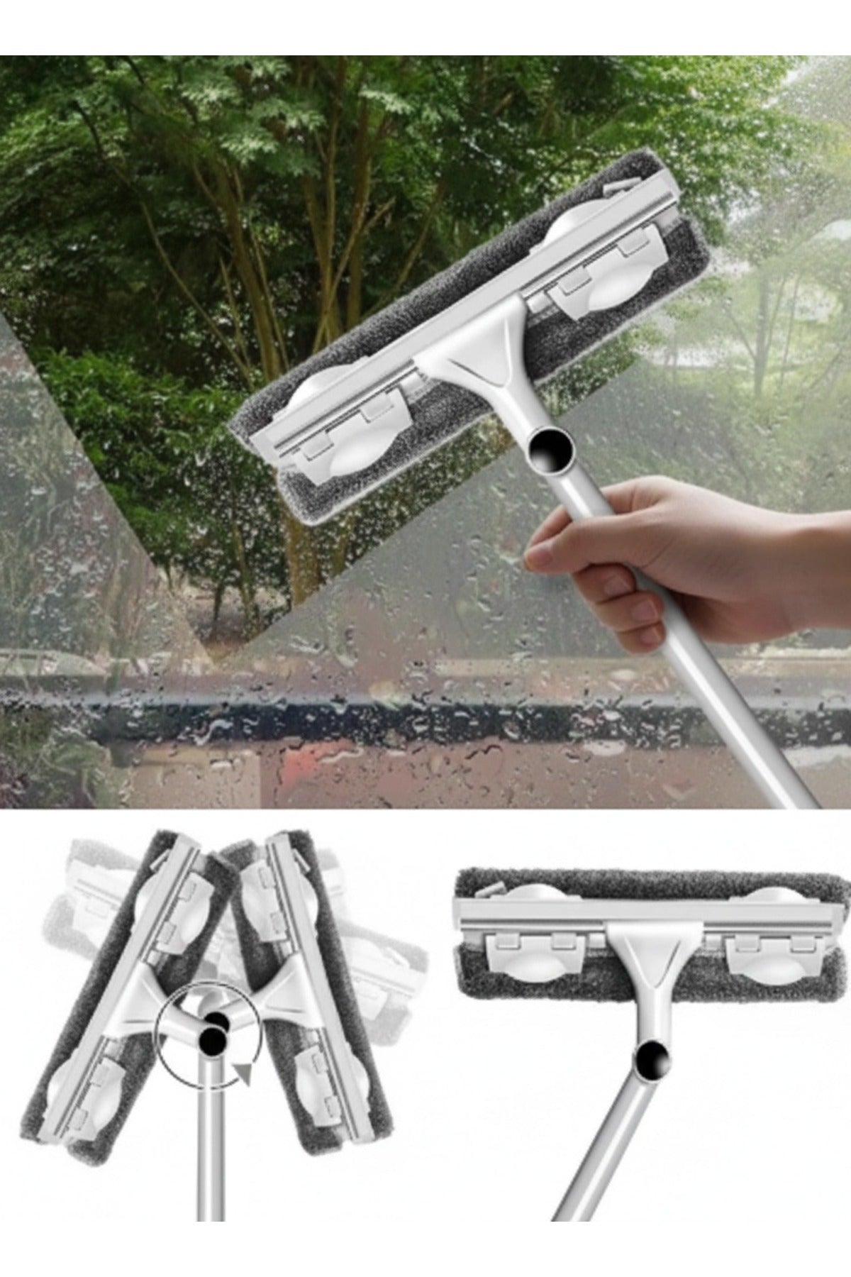 Çift Taraflı Cam Silme Aparatı 360 Derece Döner Başlıklı Mikrofiber Cam Temizleyici Uzatmalı Saplı