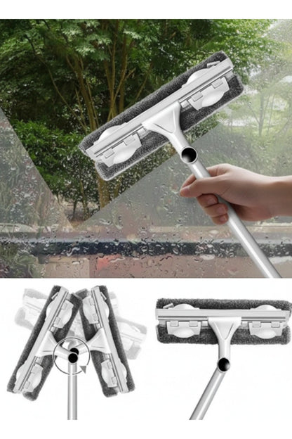 Çift Taraflı Cam Silme Aparatı 360 Derece Döner Başlıklı Mikrofiber Cam Temizleyici Uzatmalı Saplı