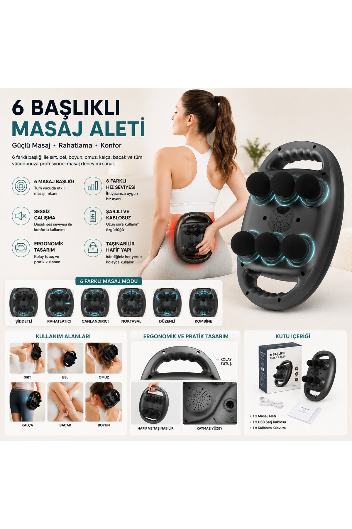 6 Başlıklı Elektrikli Masaj Aleti Şarjlı Titreşimli Vücut Masaj Cihazı