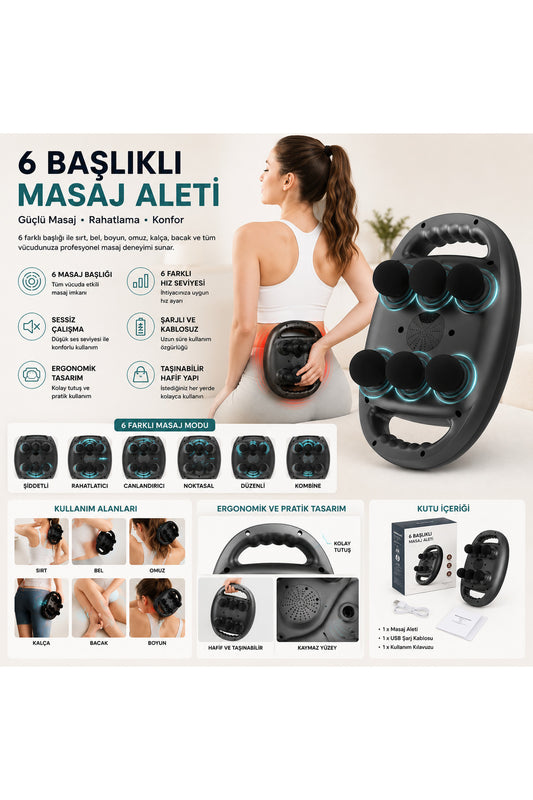 6 Başlıklı Elektrikli Masaj Aleti Şarjlı Titreşimli Vücut Masaj Cihazı