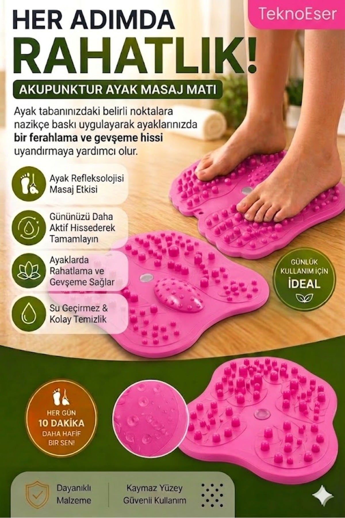 Pembe Renk Akupunktur Ayak Masaj Matı - Refleksoloji Baskı Noktalı Ayak Dinlendirme Minderi