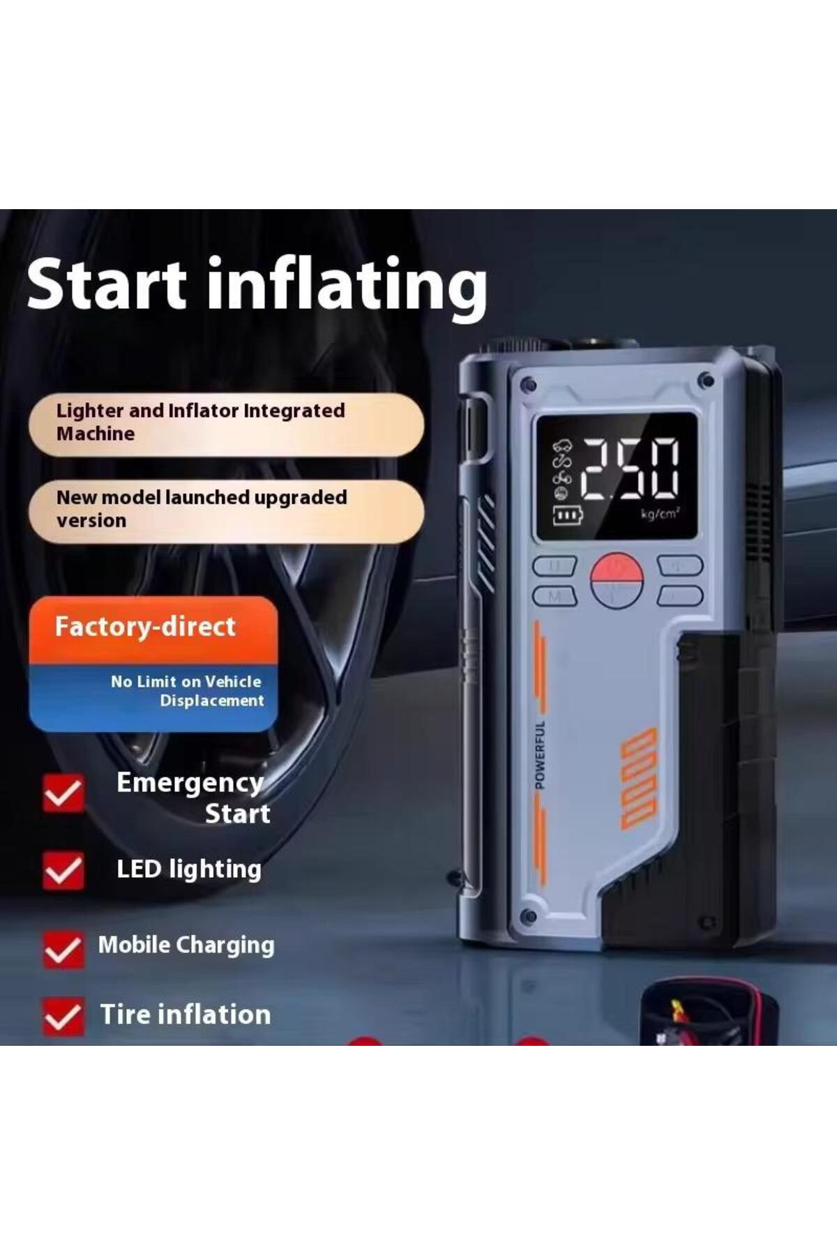 Taşınabilir Araç Akü Takviye Cihazı Hava Kompresörü Powerbank LED Işıklı Çok Fonksiyonlu