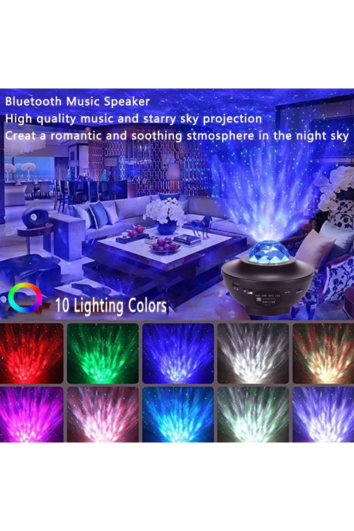 Smart Starry Projektör Light Bluetooth Müzik 7 farkli Ambians