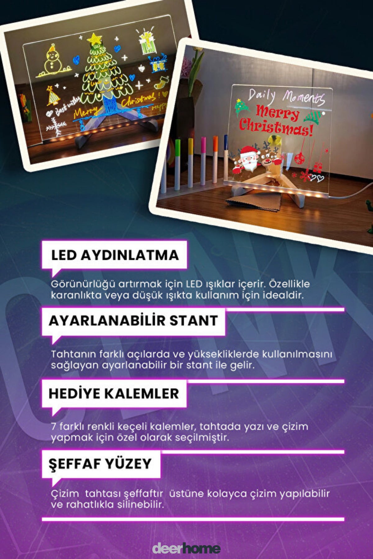 Yeni Tasarım 30x20 Neon Led Işıklı Büyük Boy Yazı Çizim Tahtası Ayarlanabilir Stant Ve Kalem Hediye