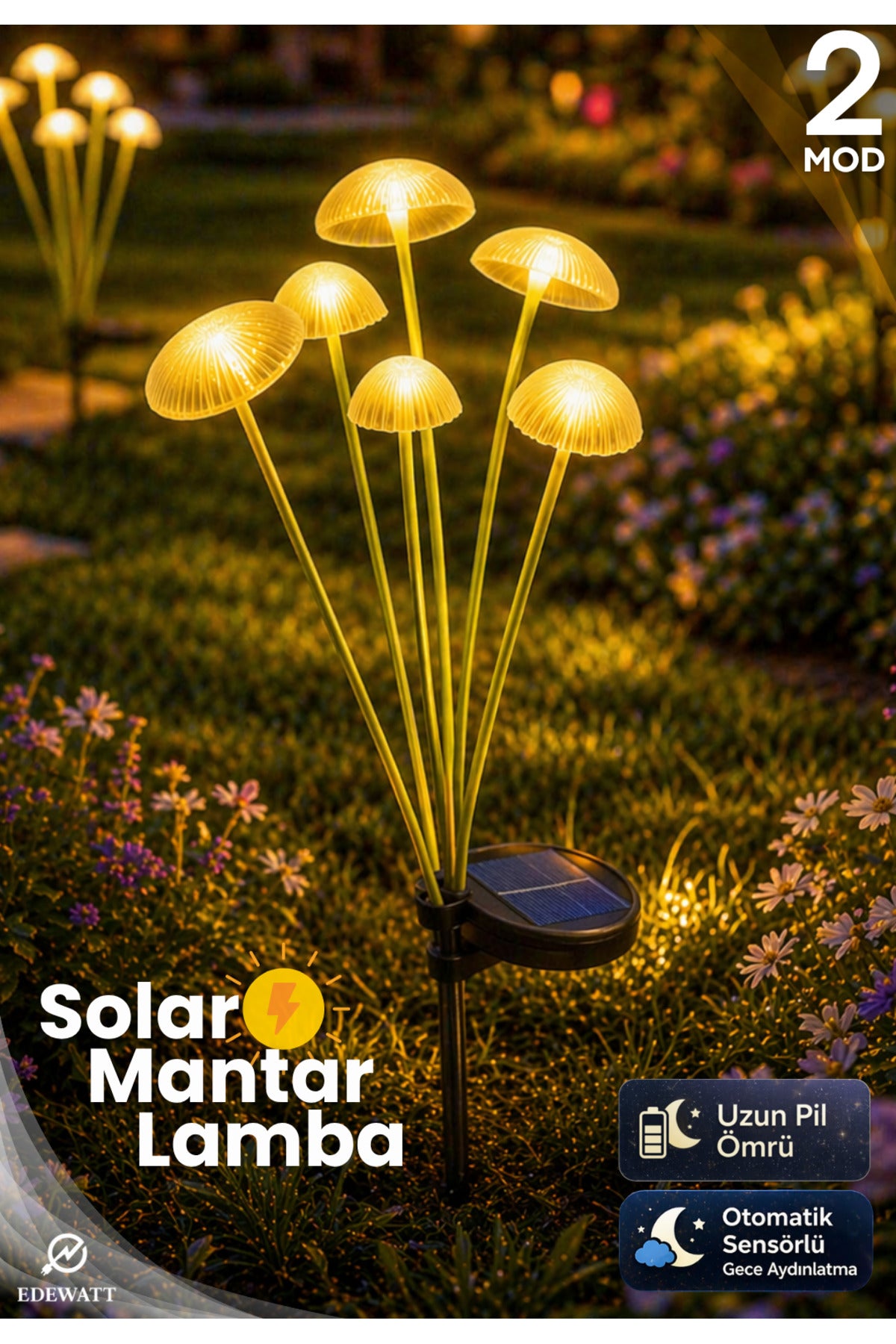 Güneş Enerjili Solar Mantar Lamba 2 Adet - Dekoratif Bahçe Balkon Aydınlatma Seti Günışığı Su Geçirmez Armatür