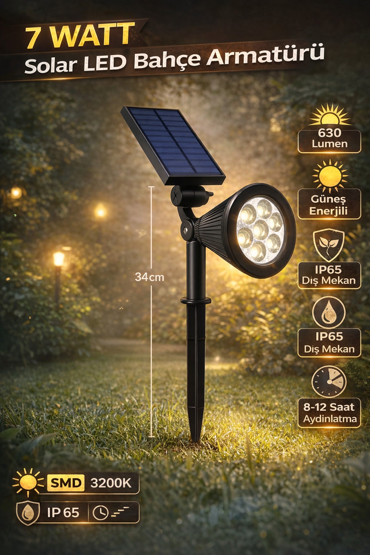7 Watt Solar LED Bahçe Lambası – Güneş Enerjili, IP65 Dış Mekan Aydınlatma