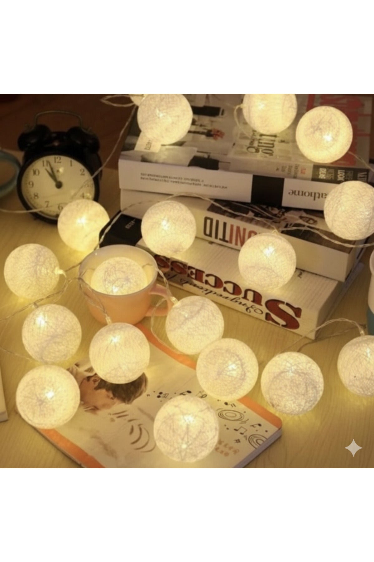 3 Metre 10 Top Cotton Ball LED Işık Zinciri - Dekoratif Pamuk Top Gece Lambası Sıcak Beyaz