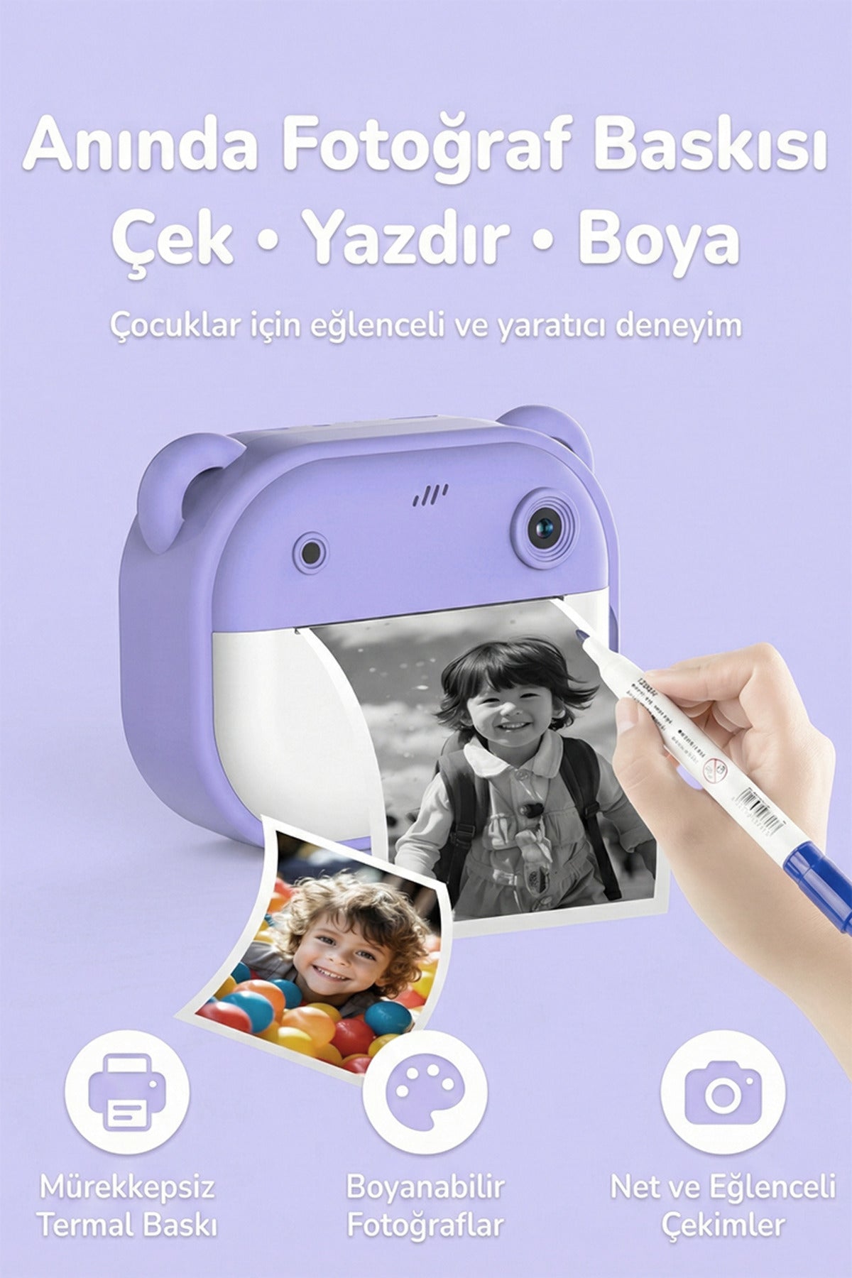 Anında Baskılı Çocuk Kamerası HD Ekranlı Termal Etiket ve Fotoğraf Baskı