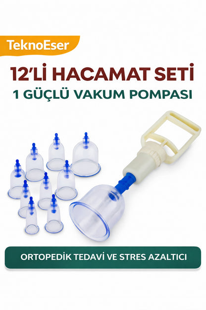 12 Parça Vakumlu Hacamat Seti – Manuel Güçlü Hacamat Kupa Terapisi Seti