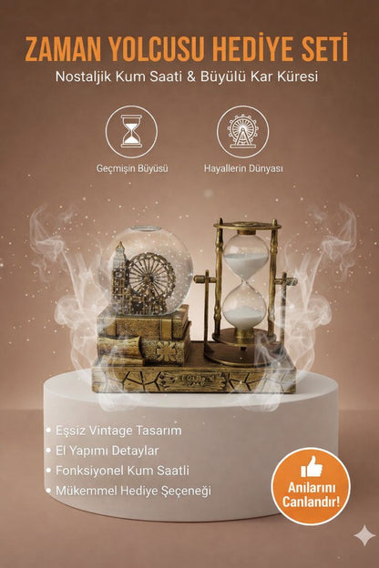 Zaman Yolcusu Hediye Seti – Nostaljik Kum Saati ve Dekoratif Kar Küresi