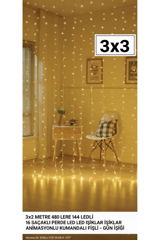 3×3 Metre Kumandalı Perde LED Işık – Gün Işığı Tonu, Fişli Dekoratif LED Aydınlatma